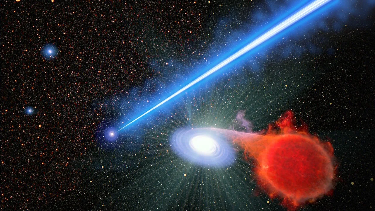 Black hole jet and accompanying erupting nova (artist’s concept)