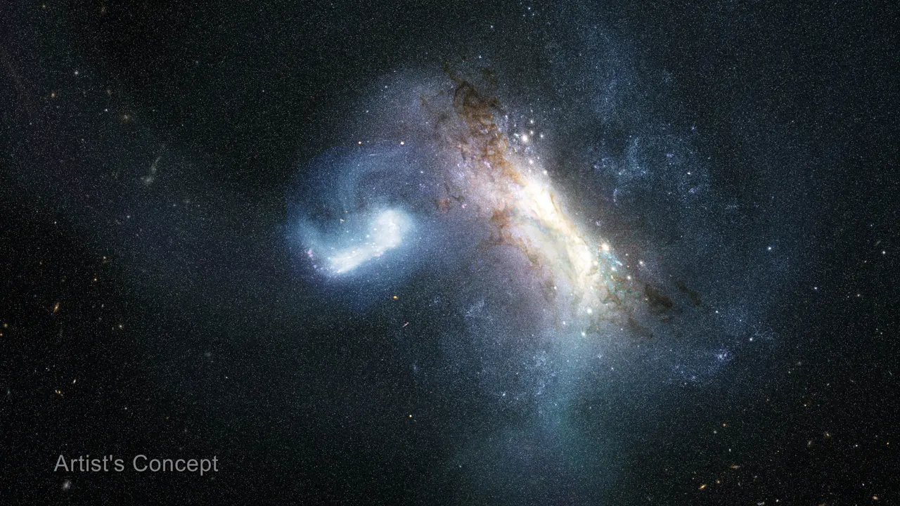 An illustration of two galaxies in the midst of a collision against a dark, star-filled background. The collision takes up the middle third of the illustration. On the right, a larger galaxy is viewe