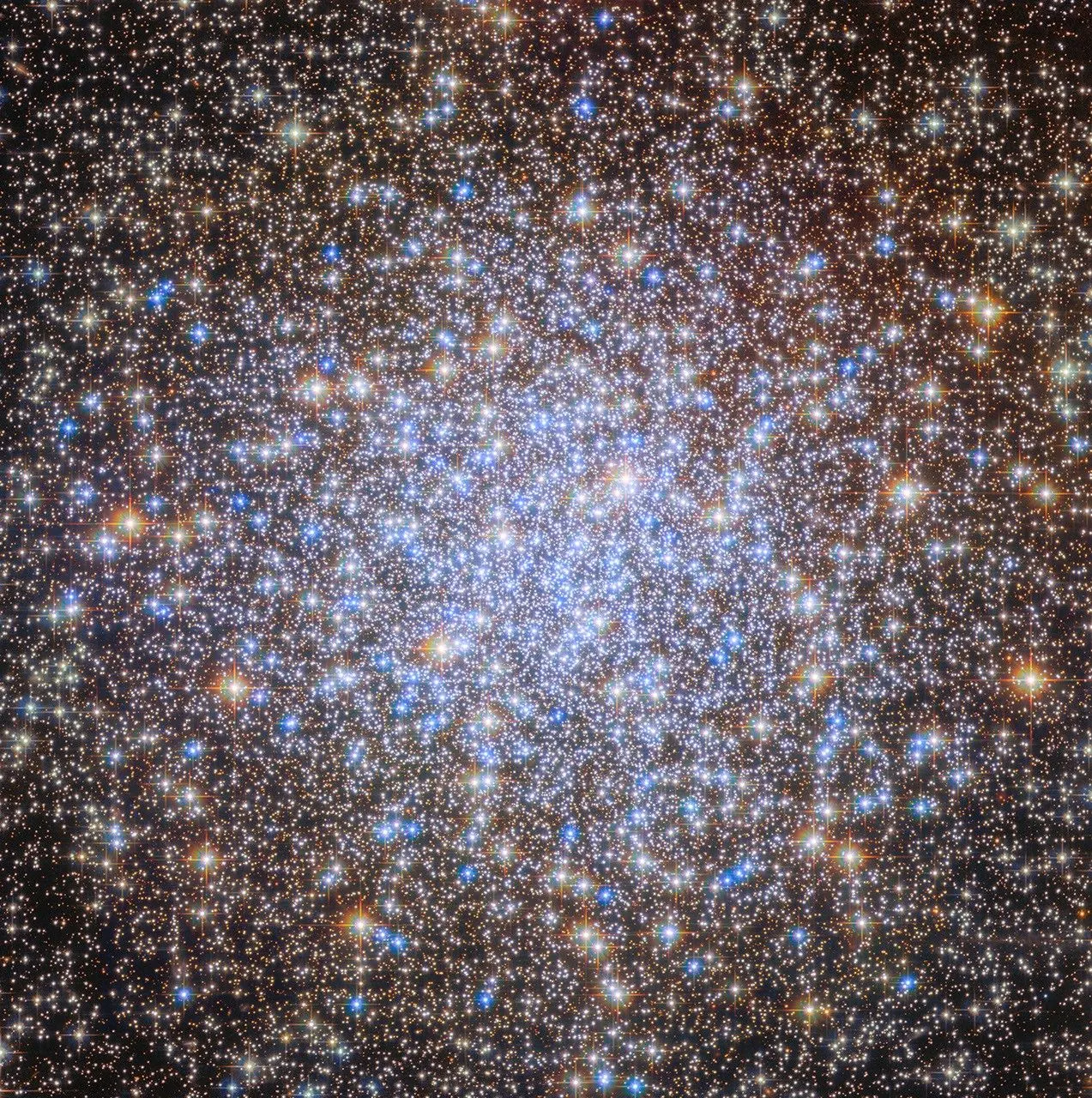 A globular cluster. It holds many thousands of bright stars, tightly packed in the center and spread out in its outer regions, but filling the entire view. The stars are colored either orange or brigh