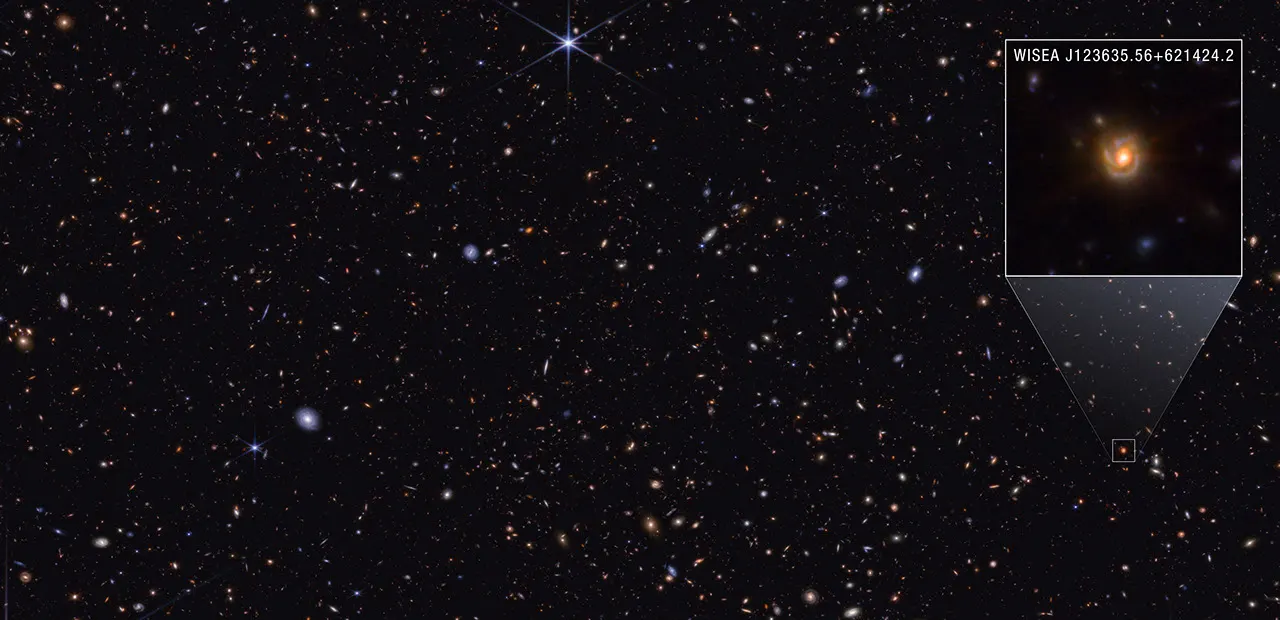 A rectangular image with thousands of galaxies of various shapes and colors on the black background of space. Some are noticeably spirals, either face-on or edge-on, while others are blobby elliptical
