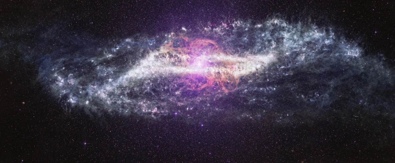 A horizontal image of the galaxy Centaurus A stretches across a black background filled with thousands of tiny purple, pink, and white points of light. The galaxy is brightest at its center, where a b