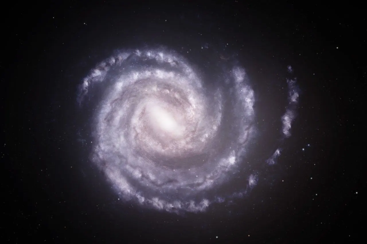 An artist’s concept showing the Milky Way galaxy as seen from above, with the estimated positions of spiral arms based on previous data, in blue. Overlaid on this is an updated view of the Milky Way s