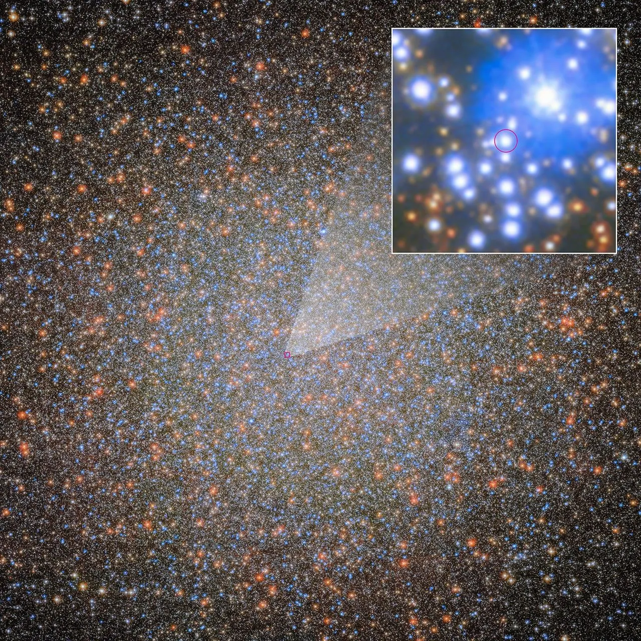 A Hubble image of globular star cluster Omega Centauri, which looks like a dense field of stars. Some stars appear a bit larger and brighter than others; most appear blue, orange, or yellow. The color