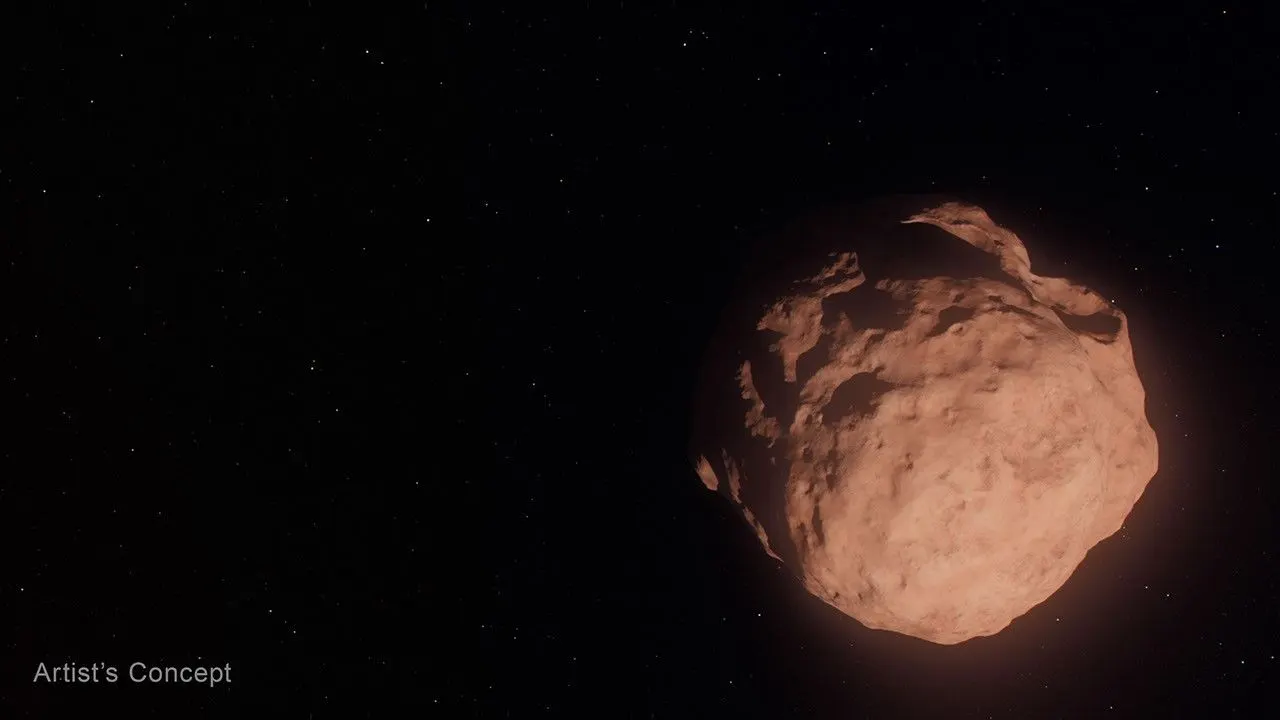 An illustration of a roughly spherical, rocky object against a black background speckled with distant, white stars. The object is the color of red clay and is pockmarked with craters and other geologi