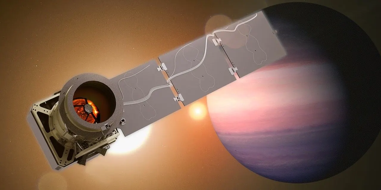 The Pandora spacecraft with an exoplanet and two stars in the background