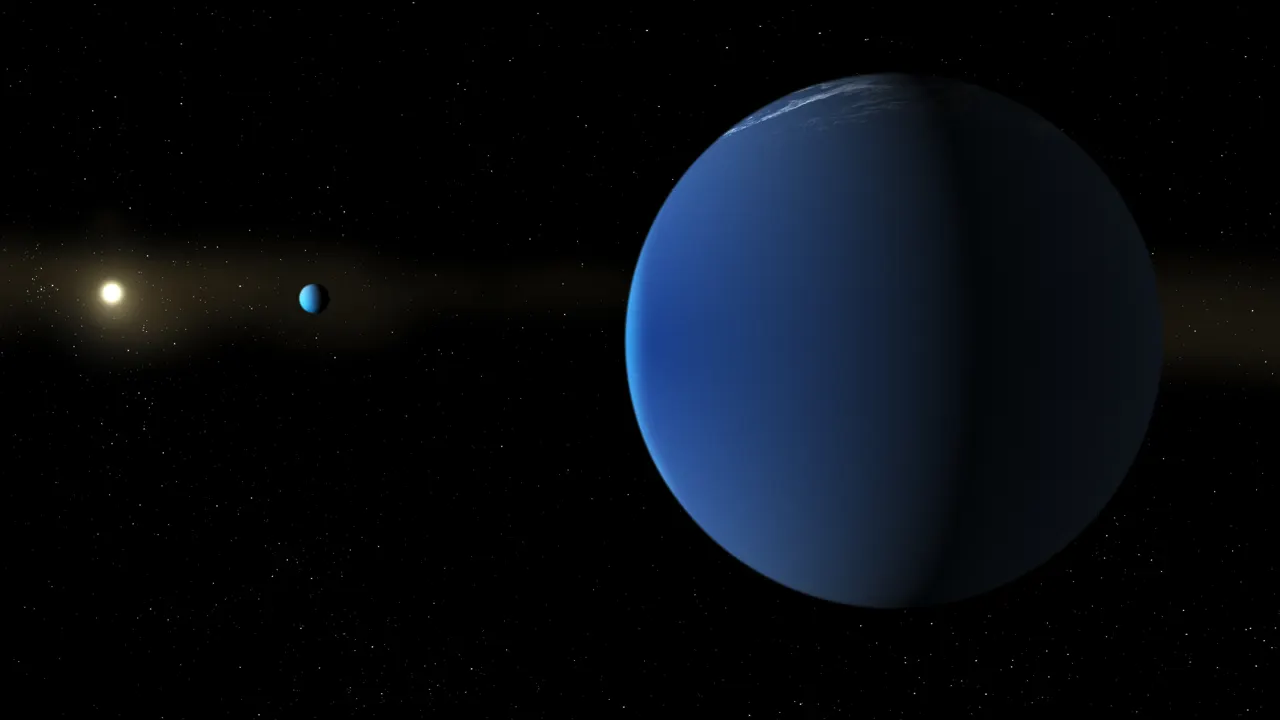 An artist's depiction of super-puff planets orbiting a distant star. In the foreground we see a shadowed orb in dark blue, it has a few white wisps at the top pole representing thin clouds. In the cen