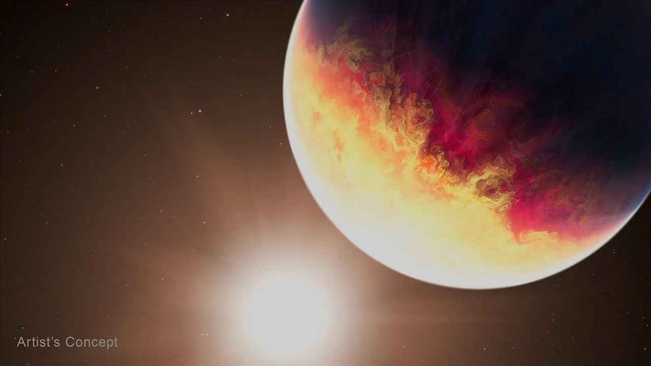 Illustration of a planet and a star, labeled artist’s concept at the bottom left. The planet fills more than a quarter of the image to the upper right, with the bright star to its lower left. The plan