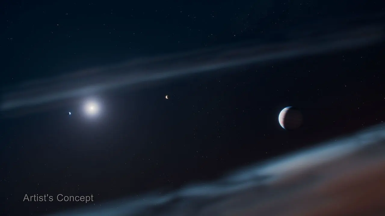 Artist's concept of the Beta Pictoris planetary system. One edge of a smooth, dusty disk that looks like cloud wisps extends across the upper third of the image at an angle from 9 o’clock to 2 o’clock