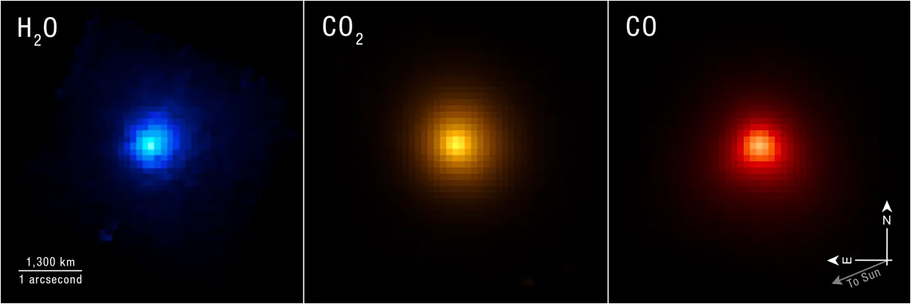 Comparison of three telescope images side by side. They are roughly spherical but pixelated, with more intense color saturation in the center. From left to right: smallest sphere is blue and labeled H