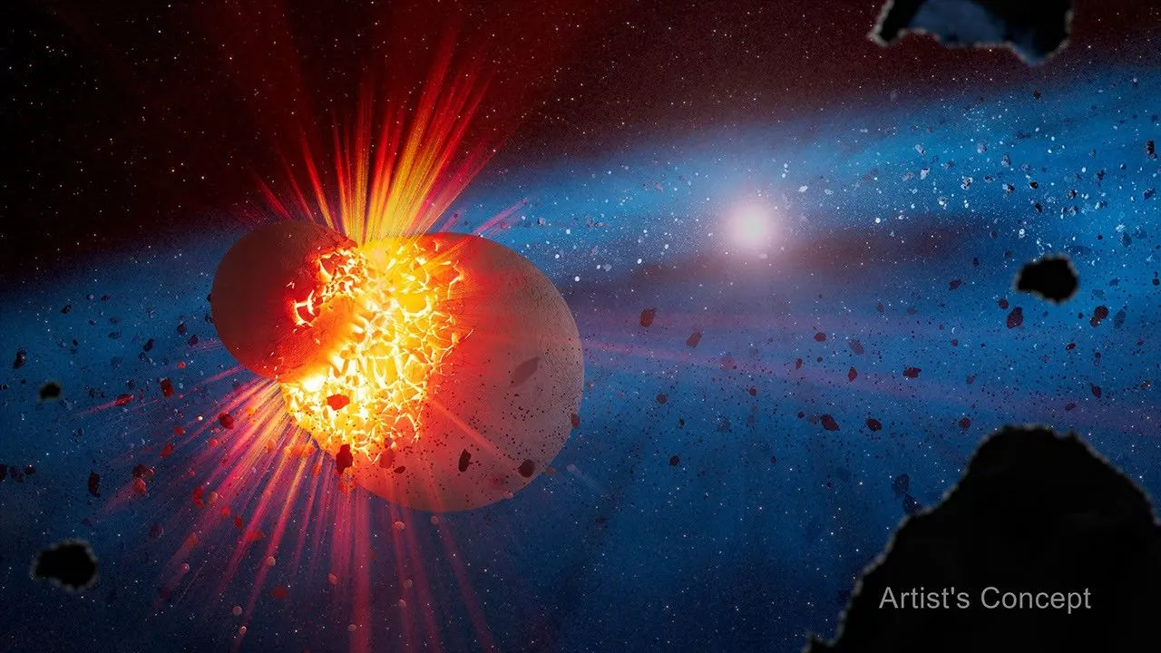Artist’s concept of a star and its debris disk against the black background of space. The star is in the background, right of center, and depicted as a small, luminous sphere. The debris disk is a large blue ring that encircles the star. The debris