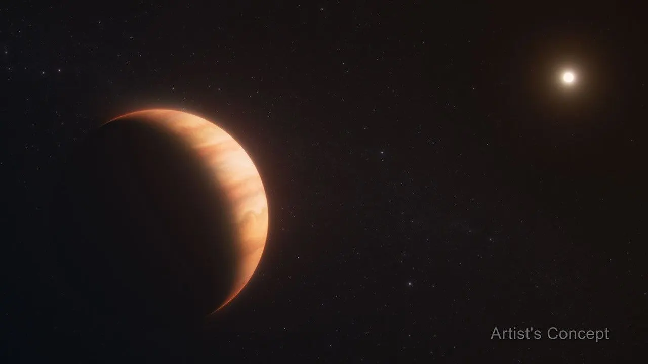 An orange gas giant planet at left, taking up about one-third of the frame, facing a star, which appears at top right as a far smaller bright dot. The planet has subtle orange cloud bands. The star il