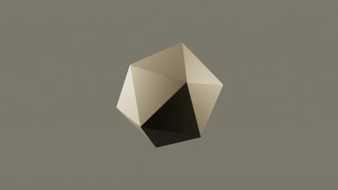 A short video showing a 20-sided shape rotating through different angles. The shape pauses three times to show three views of the shape. Each time the rotating shape pauses, a microscope image appears