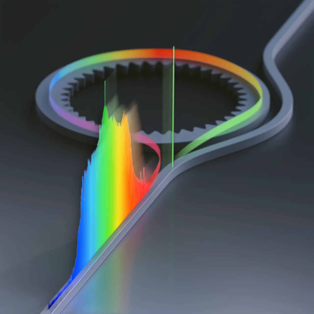 Illustration shows a pump laser (green) exciting a photonic-crystal resonator (ring with periodic corrugations), which produces a special kind of microcomb that generates precise frequencies of light (rainbow of colors) at short near-infrared wavelengths.