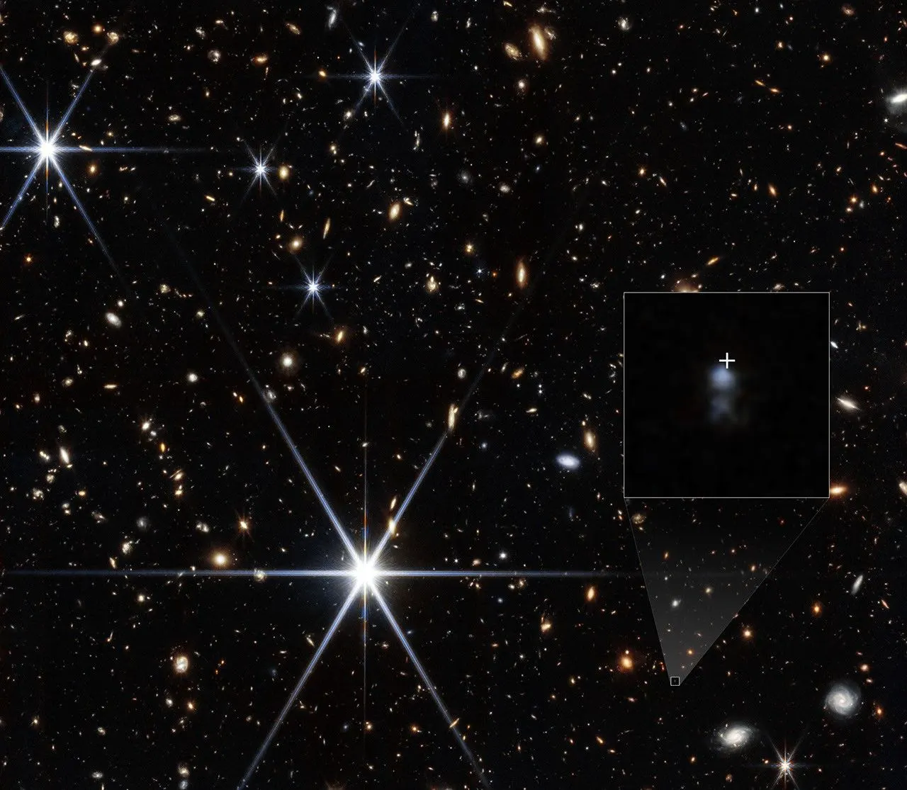 A field full of small galaxies of all shapes against the blackness of space. A few bright white stars show 8 prominent diffraction spikes. A small galaxy at lower right is highlighted with a white box. A shaded triangle extends upward to the corners
